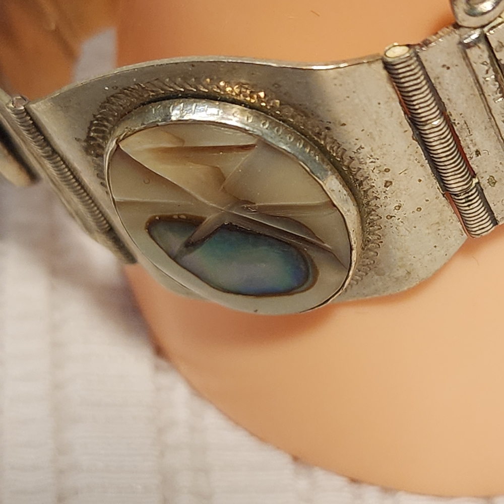 Vintage Taxco Sterling Silver 925 Abalone Panel Bracelet Mexico 7" Ornate - Picture 10 of 15